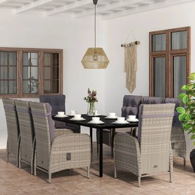 Set da pranzo da giardino 9 pz con cuscini nero e grigio
