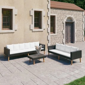 Set divani da giardino 3 pz con cuscini in polyrattan nero