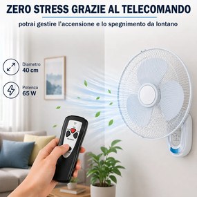Ventilatore da Parete Ø40 cm con Telecomando Installazione Muro Silenzioso Bianco...