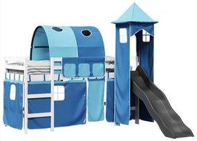 Letto a soppalco con torre bambini blu 80x200cm massello pino