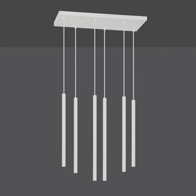 Lampadario 6 Luci Moderno Shu Acciaio Bianco E Paralumi A Cilindri Sottili