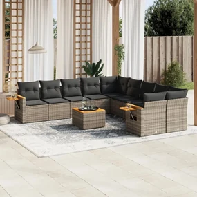 Set divani da giardino 11 pz con cuscini in polyrattan grigio