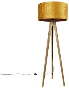 Lampada da terra a treppiede rustica in legno vintage con paralume dorato 50 cm - Tripod Classic