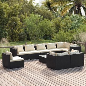 Set mobili da giardino 10 pz con cuscini in polyrattan nero