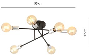 Plafoniera Industriale 6 Luci Diomede In Acciao Nero E Cromo Bracci Dritti