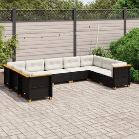 Set divani da giardino 9 pz con cuscini nero in polyrattan