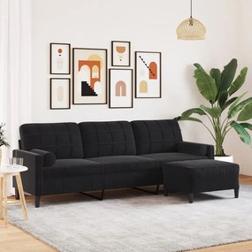 Divano A 3 Posti Con Poggiapiedi Nero 210cm İn Velluto /