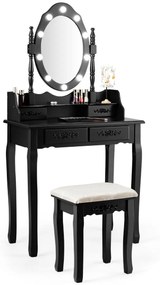 Costway Set toeletta con specchio ovale e 10 lampadine LED, Toeletta classica con 4 cassetti, Nero