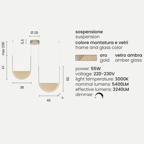 Lampada a sospensione LOTUS 2 Luci con inserto amovibile in vetro granigliato ORO