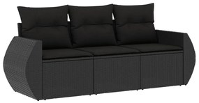 Set divani da giardino 3 pz con cuscini in polyrattan nero