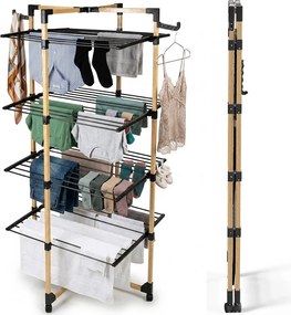 Stendibiancheria a Torre Verticale a 4 Livelli 69x69x175 cm Pieghevole con Ruote Nero e Legno...