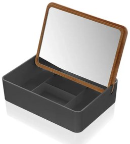 Organizer trucchi in plastica grigia completo di specchio con dettagli in bambù