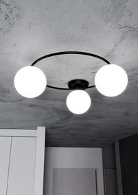 Plafoniera Minimal 3 Luci Sopra In Acciaio Nero E Sfere In Vetro Bianco