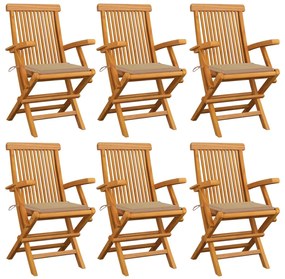 Sedie da giardino con cuscini beige 6pz legno massello di teak