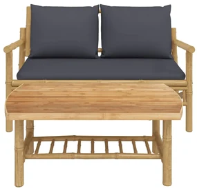 Set salotto da giardino 2pz con cuscini grigio scuro bambù