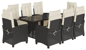 Set da pranzo da giardino 9 pz con cuscini nero in polyrattan