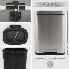 Cestino per la spazzatura color argento opaco in acciaio con pedale 5 l Akira – Spirella