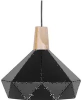 Lampada a Sospensione Colore Nero Metallo Quercia Elemento Legno Forma Geometrica Moderna