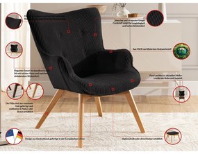 Poltrona con poggiapiedi nera con rivestimento in velluto a coste Niko – Ropez