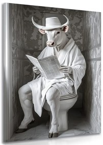 Stampa su tela – Toro bianco con giornali in bagno