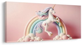 Quadro su tela – Unicorno fiabesco su arcobaleno pastello