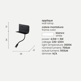 Applique STAN 20 cm in metallo con retroilluminazione LED e caricatore Usb Bianco