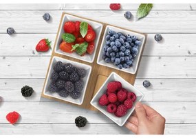 Lamart - Set 4 ciotole in porcellana 19x19 cm + vassoio in legno