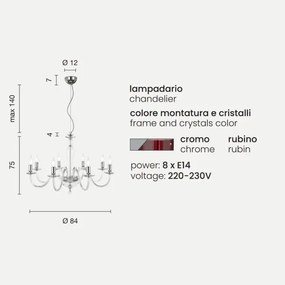 Lampada a sospensione PAGANINI a 8 LUCI in vetro lavorato a mano RUBINO