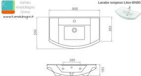 Lavabo bagno sospeso 80 cm in ceramica Litos-BN80 - KAMALU