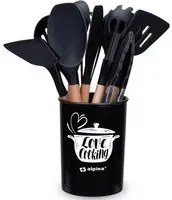 Set Utensili da Cucina Nero e Supporto 12 Pezzi Utensili Silicone Manico Legno