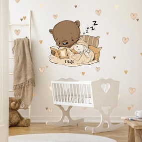 Adesivo murale - Orsetto bohémien con coniglietto addormentato e cuori | Inspio