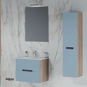 Mobile Bagno Sospeso "Iris" Da 60 Cm Composto Da Due Cassetti Lavabo E Specchio Con Lampada Led Finitura Blu Pastello Opaco/Rovere Fumo