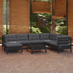 Set divani da giardino 8 pz con cuscini neri massello di pino