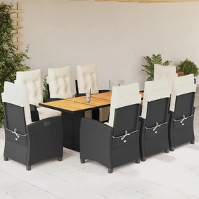 Set da pranzo da giardino 9 pz con cuscini nero in polyrattan