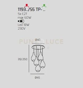 Sosp. ottone sat. 5 luci tonda vetri piccoli ambra 1193os-s5 tp-am