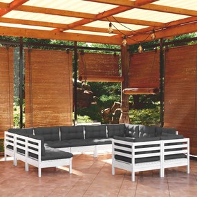 Set Divani da Giardino 11 pz con Cuscini Bianchi Legno di Pino