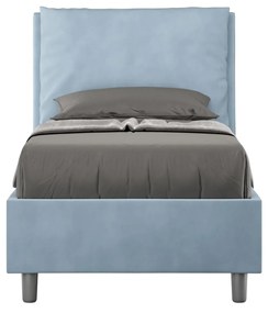 Letto singolo imbottito 80x200 microfibra Antea senza rete, con rete e contenitore, Azzurro / Contenitore