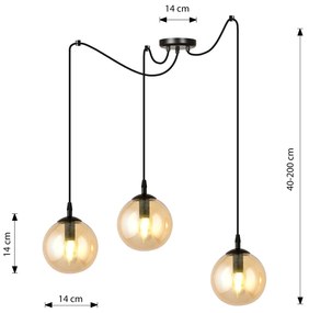 Lampadario 3 Luci Ginevra In Acciaio Nero Con Cavo Lungo E Vetri Ambra