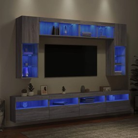 Set Mobili TV a Muro 8 pz con Luci LED Grigio Sonoma