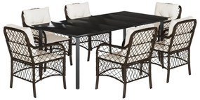 Set da pranzo da giardino 7pz con cuscini in polyrattan marrone