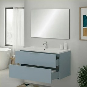 Mobile bagno sospeso 100cm azzurro polvere con cassetti lavabo e specchio Elva