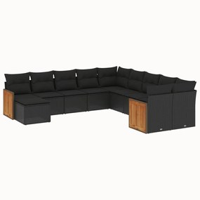 Set divani da giardino 11 pz con cuscini in polyrattan nero