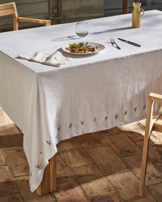 Kave Home - Tovaglia Sadurni 100% lino bianco con ricamo floreale 170 x 250 cm