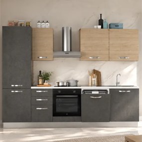 Cucina revesibile 285 cm moderna mobile frigo Antracite e Rovere
