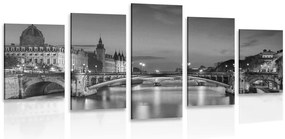 Quadri 5 pezzi – Panorama di Parigi abbagliante in bianco e nero