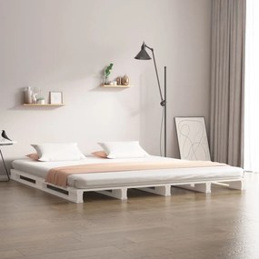 Letto A Pallet Bianco 200x200 Cm İn Legno Massello Di Pino /