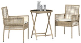 Set da giardino 3 pezzi  con cuscini color beige in polyrattan