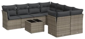 Set Divano da Giardino 9 pz con Cuscini Grigio in Polyrattan