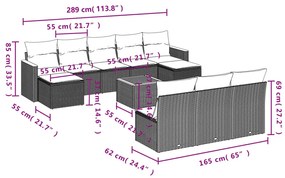 Set divani da giardino 11 pz con cuscini beige in polyrattan