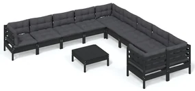 Set divani da giardino 11 pz con cuscini neri massello di pino